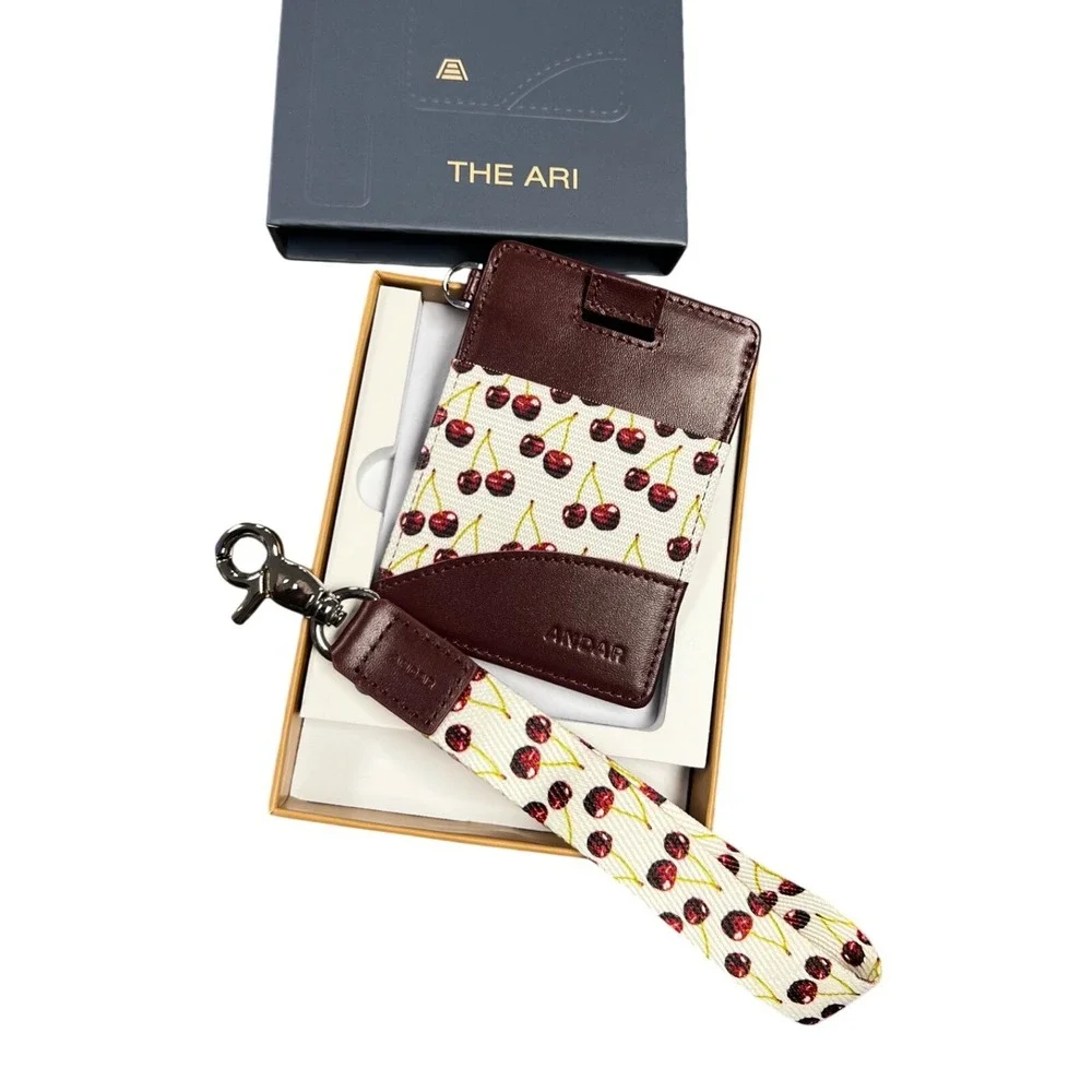 Andar The Ari Slim Leather Card Holder Wallet Wild Cherry Print with Lanyard NEW
